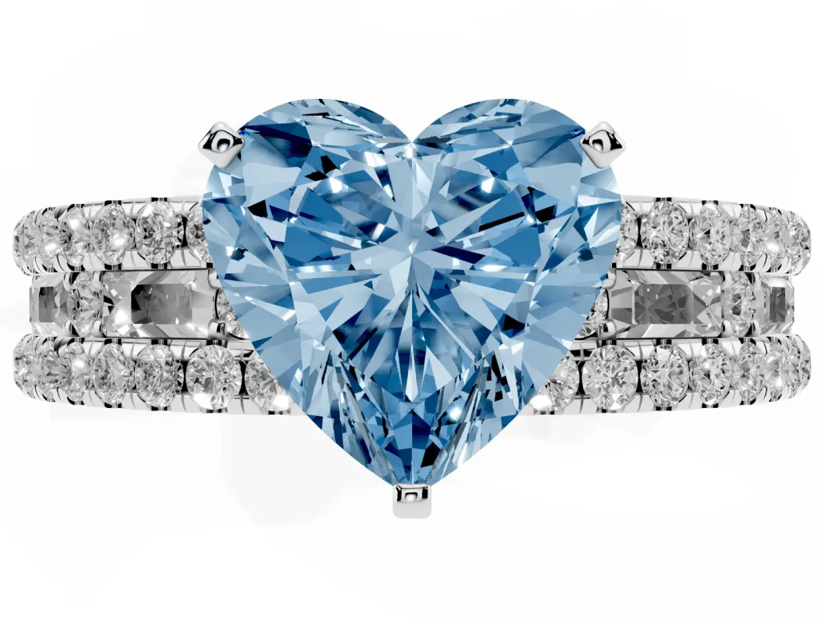 Fancy Blue Heart Cut Diamond Solitaire Ring with Pavé and Channel Set Band Platinum