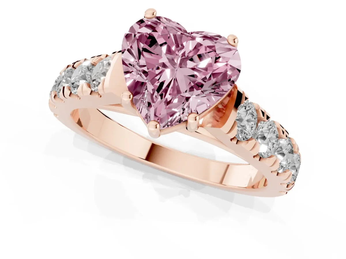 Fancy Pink Heart Cut Cut Diamond Solitaire Ring with Micro Pave Band and Prong Setting Rose gold