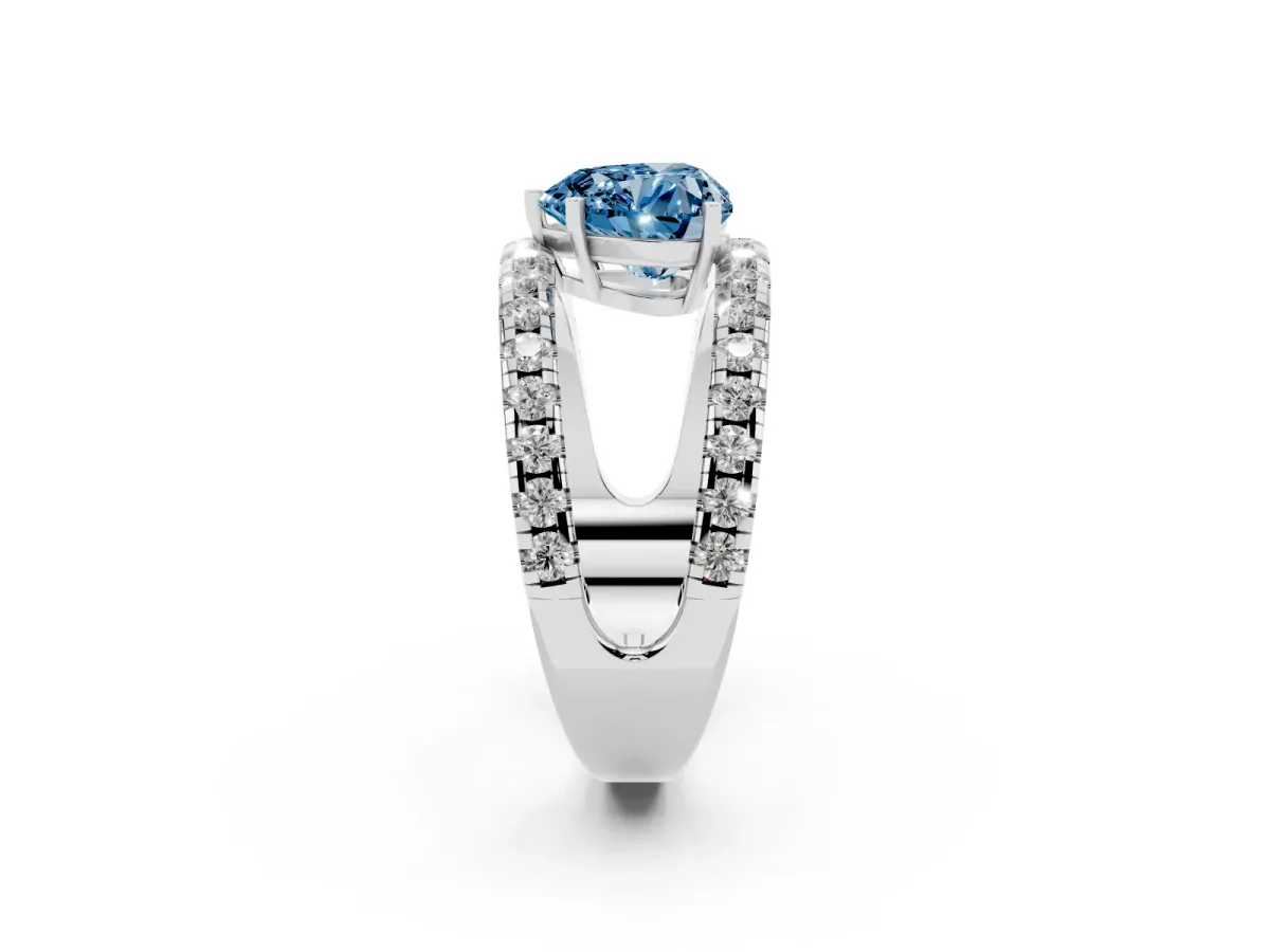 Fancy Blue Heart Cut Solitaire Split Shank Pave Diamond Ring Silver