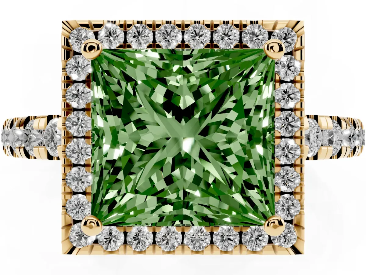 Fancy Green Princess Cut Diamond Halo Ring with Pavé Band and Four-Prong Setting Yellow gold