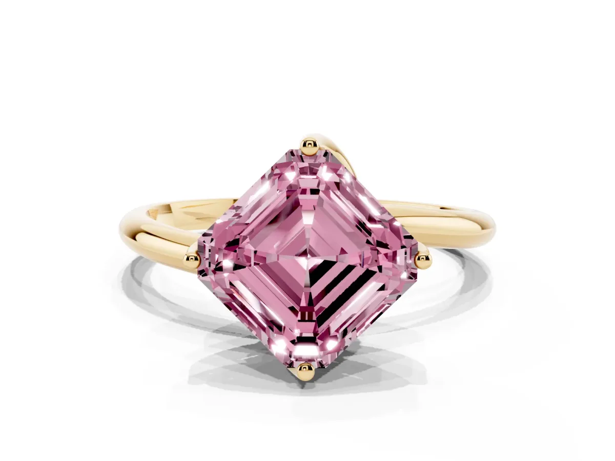 Fancy Pink Asscher Cut Diamond Solitaire Engagement Ring with Four-Prong Setting and Classic Band Yellow gold