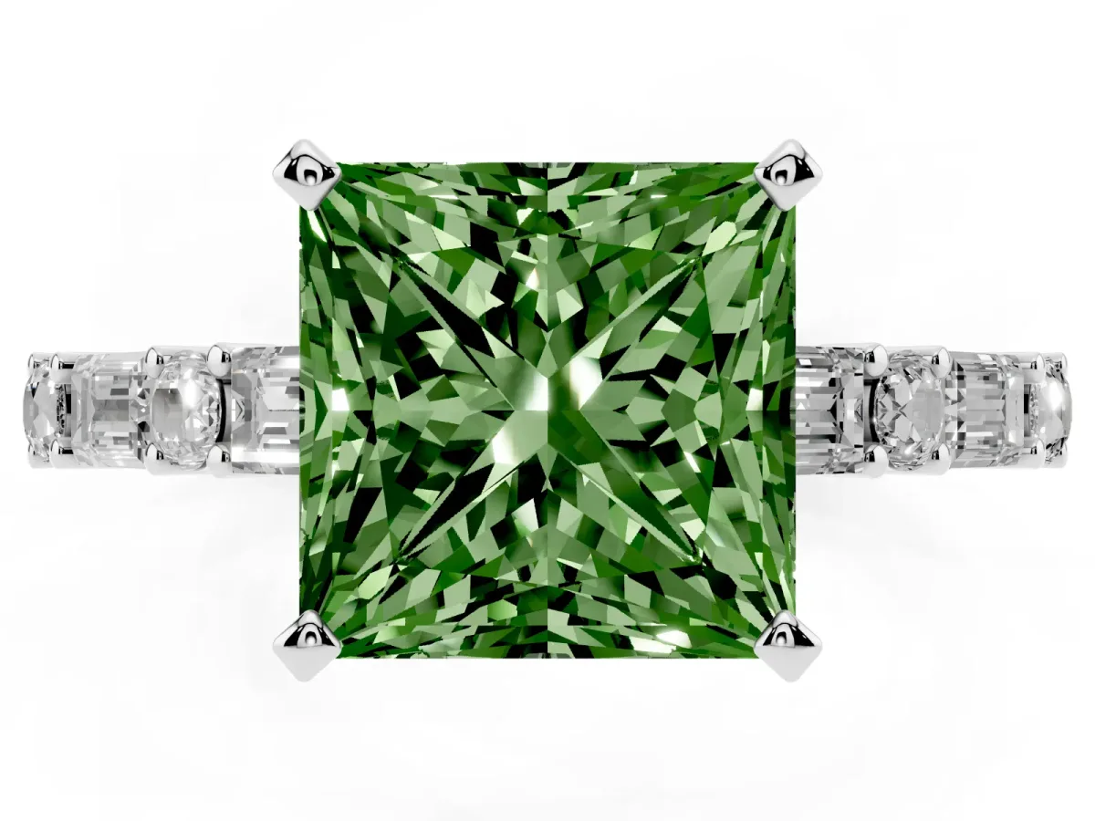 Fancy Green Princess Cut Diamond Solitaire with Side Baguettes and Channel Set Band Platinum