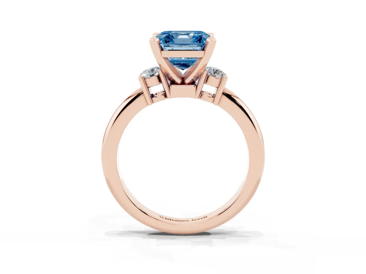 Fancy Blue Three-Stone Asscher Cut Cut Diamond Solitaire with Prong Setting and Classic Band Rose gold