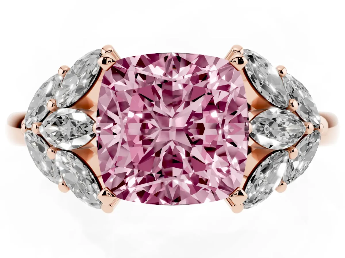 Fancy Pink Cushion Cut Diamond Cluster Leaf Design Ring with Prong Setting Rose gold