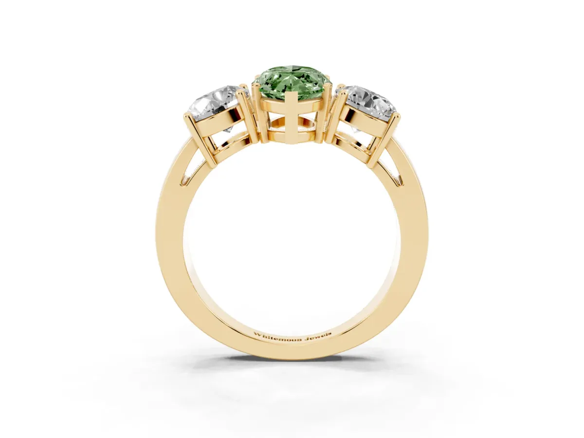 Fancy Green Three-Stone Marquise Cut Diamond Ring with Round Side Stones, Classic Band, and Four-Prong Setting Yellow gold