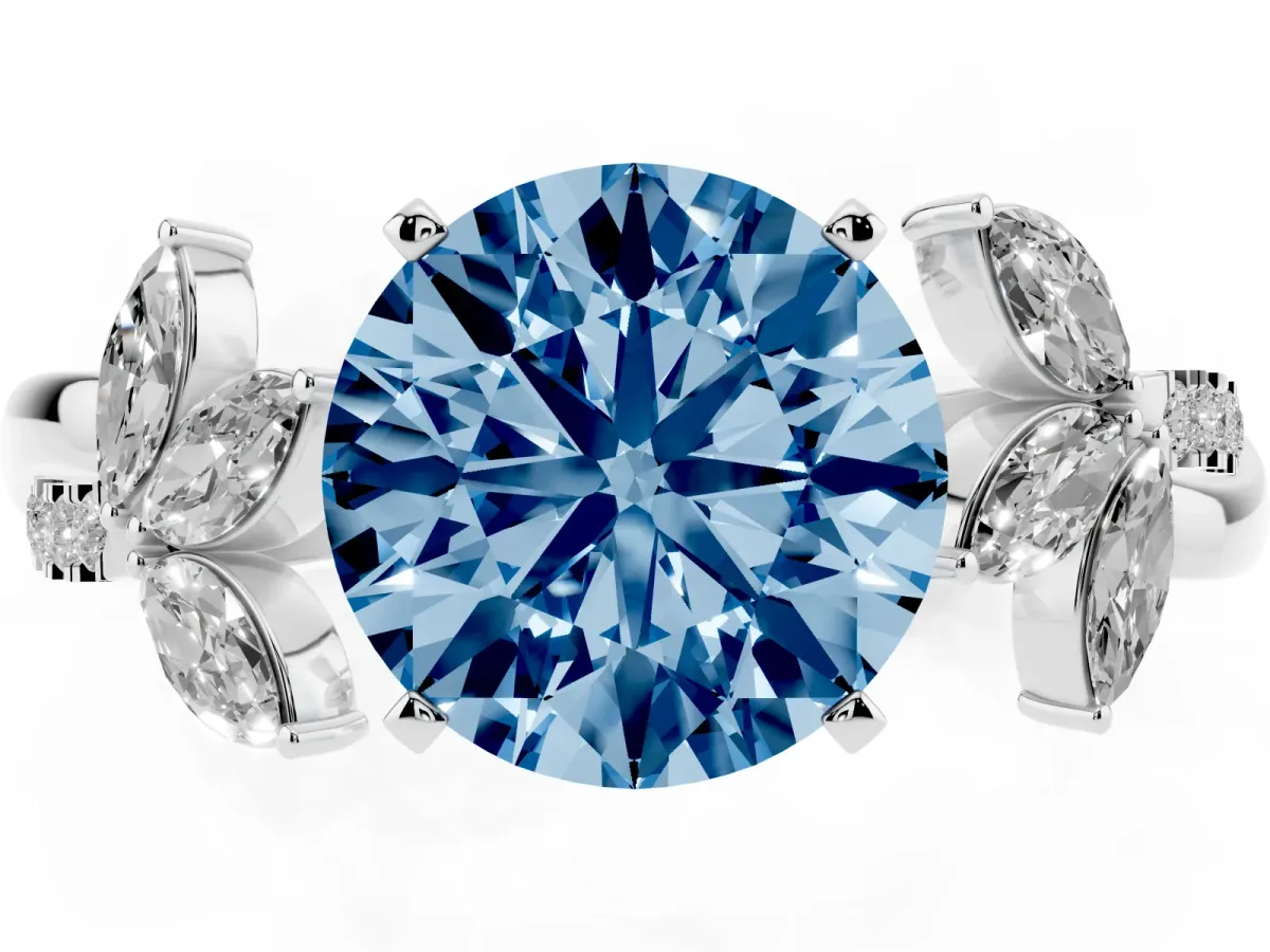 Fancy Blue Round Cut Diamond Floral Vine Solitaire Engagement Ring Platinum
