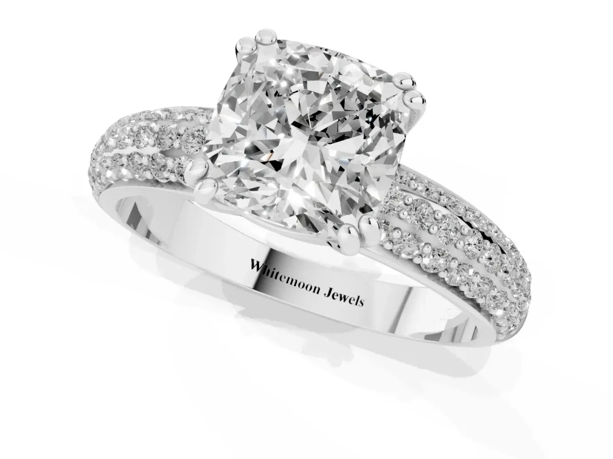 Cushion Cut Diamond Solitaire Ring with Multi-Row Round Pavé Band and Prong Setting Silver