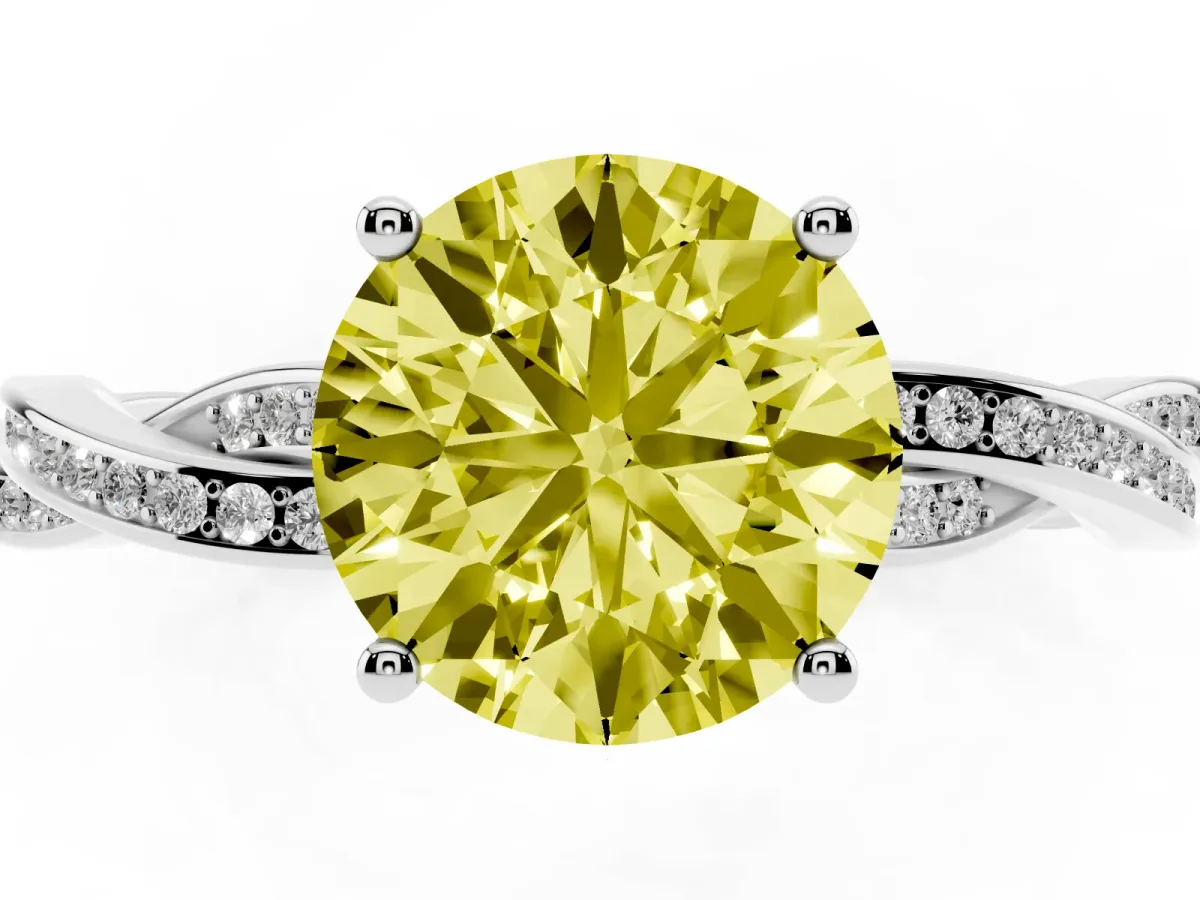 Fancy Yellow Round Cut Solitaire Twisted Pave Diamond Ring with Four-Prong Setting White gold