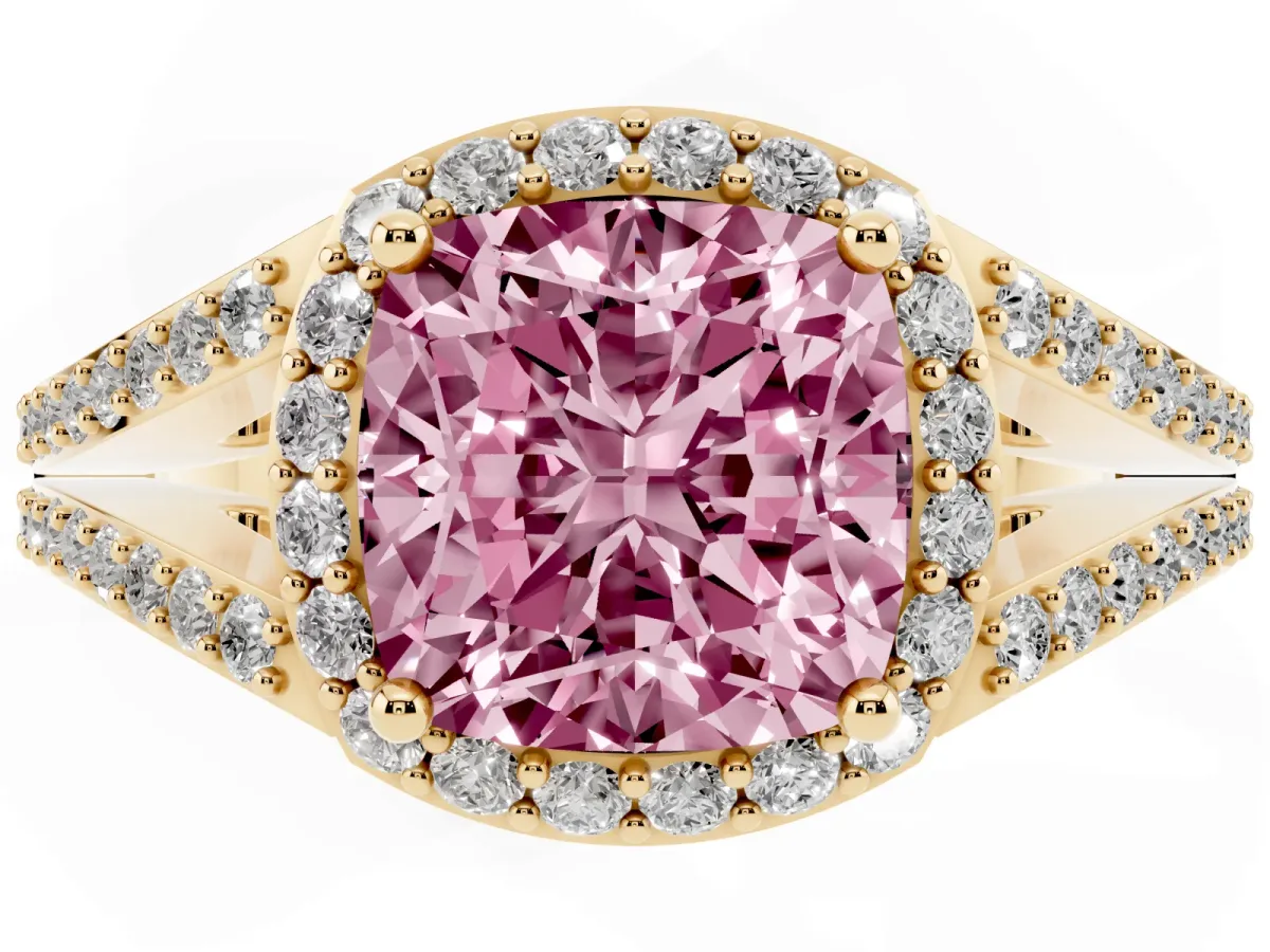 Fancy Pink Cushion Cut Halo Split Shank Diamond Ring with Prong Setting Yellow gold