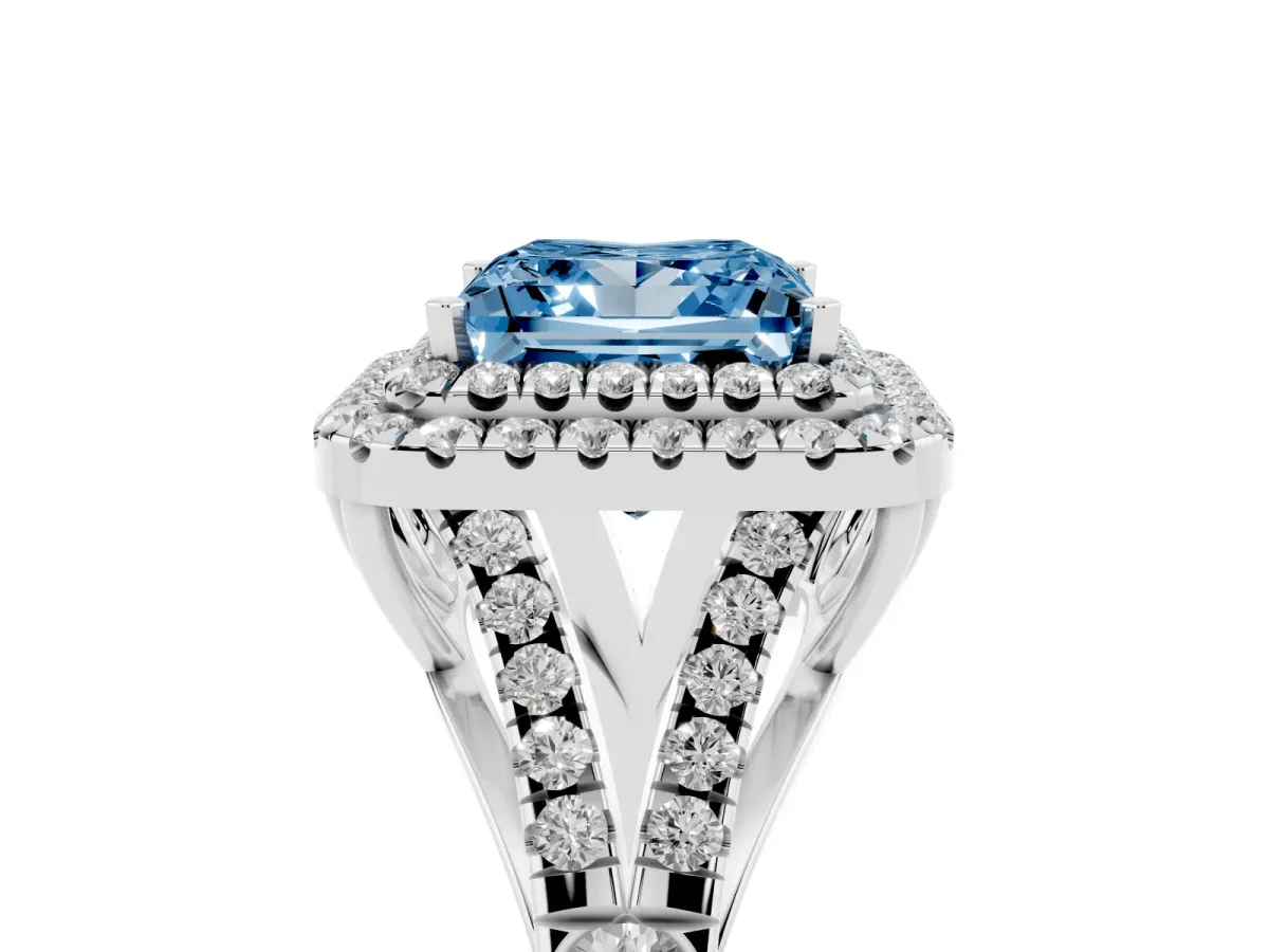 Fancy Blue Princess Cut Diamond Double Halo Ring with Split Shank and Prong Setting Platinum