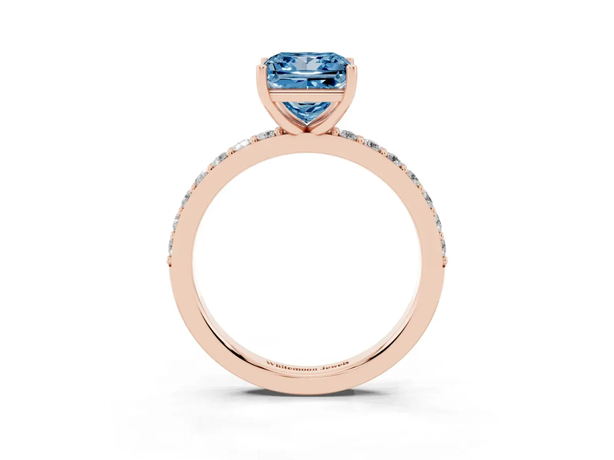 Fancy Blue Princess Cut Cut Diamond Solitaire with Pave Band and Four-Prong Setting Rose gold