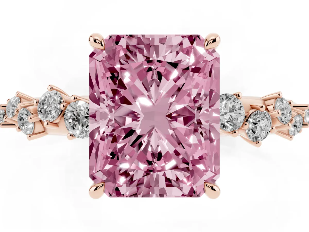 Fancy Pink Radiant Cut Diamond Cluster Side Stone Solitaire Ring with Prong Setting Rose gold