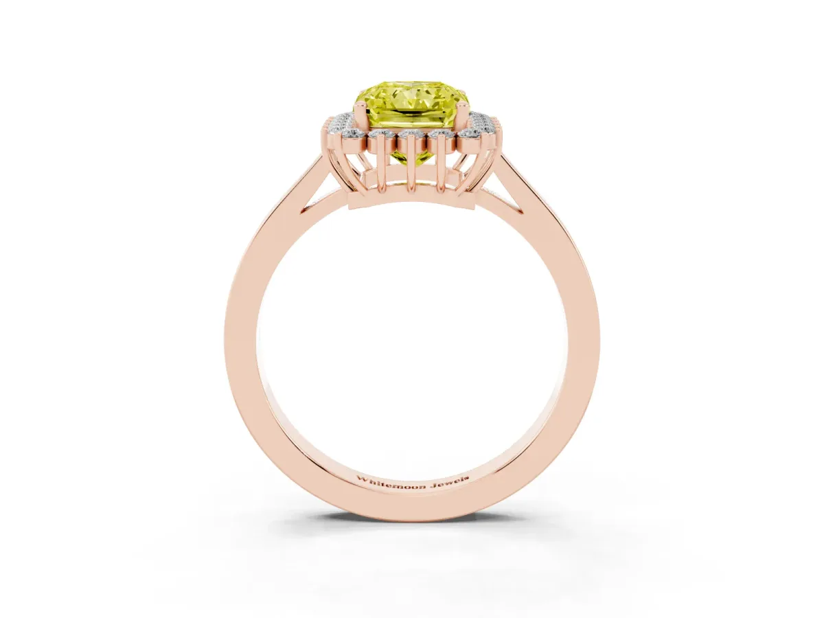 Fancy Yellow Radiant Cut Cut Diamond Halo Ring with Round Brilliant Halo and Solitaire Band Rose gold