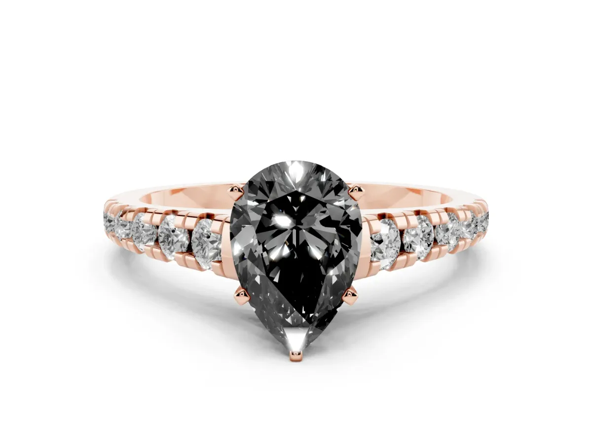 Fancy Black Pear Cut Diamond Cathedral Solitaire Ring with Round Pavé Band Rose gold
