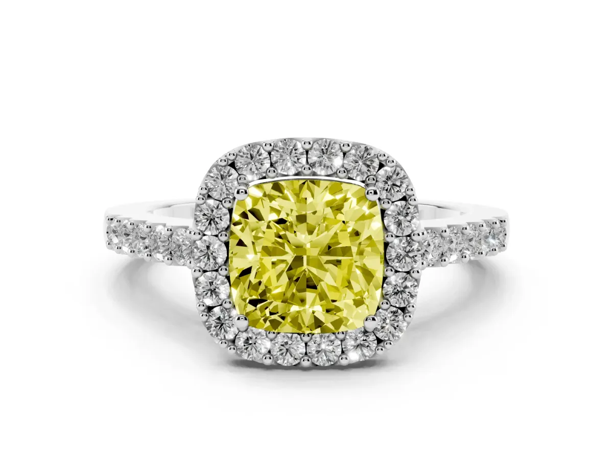 Fancy Yellow Cushion Cut Halo Diamond Pavé Solitaire Ring Platinum