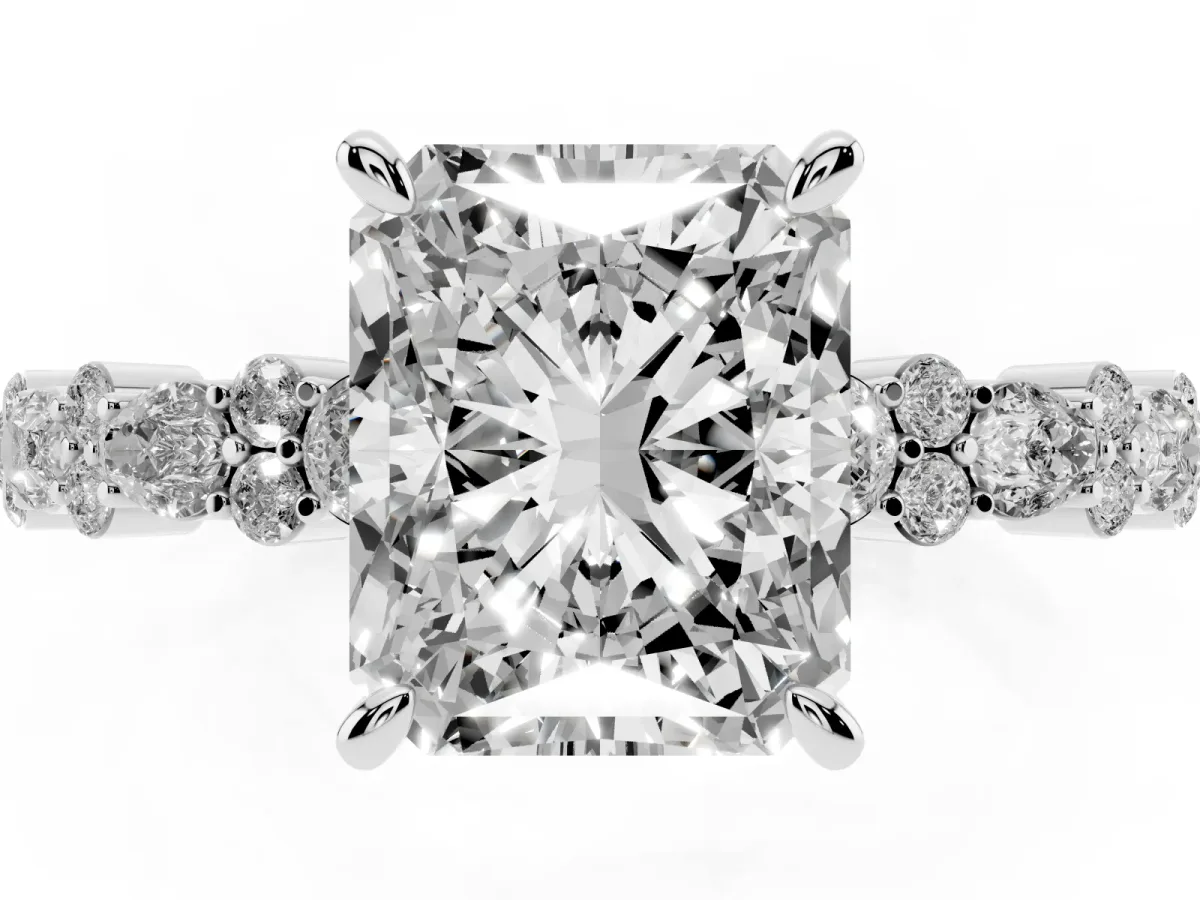 Radiant Cut Diamond Side Stone Solitaire Ring with Round and Four-Prong Setting Platinum