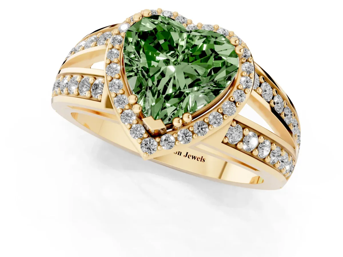 Fancy Green Heart Cut Diamond Halo Ring with Split Shank Pavé Band and Four-Prong Setting Yellow gold