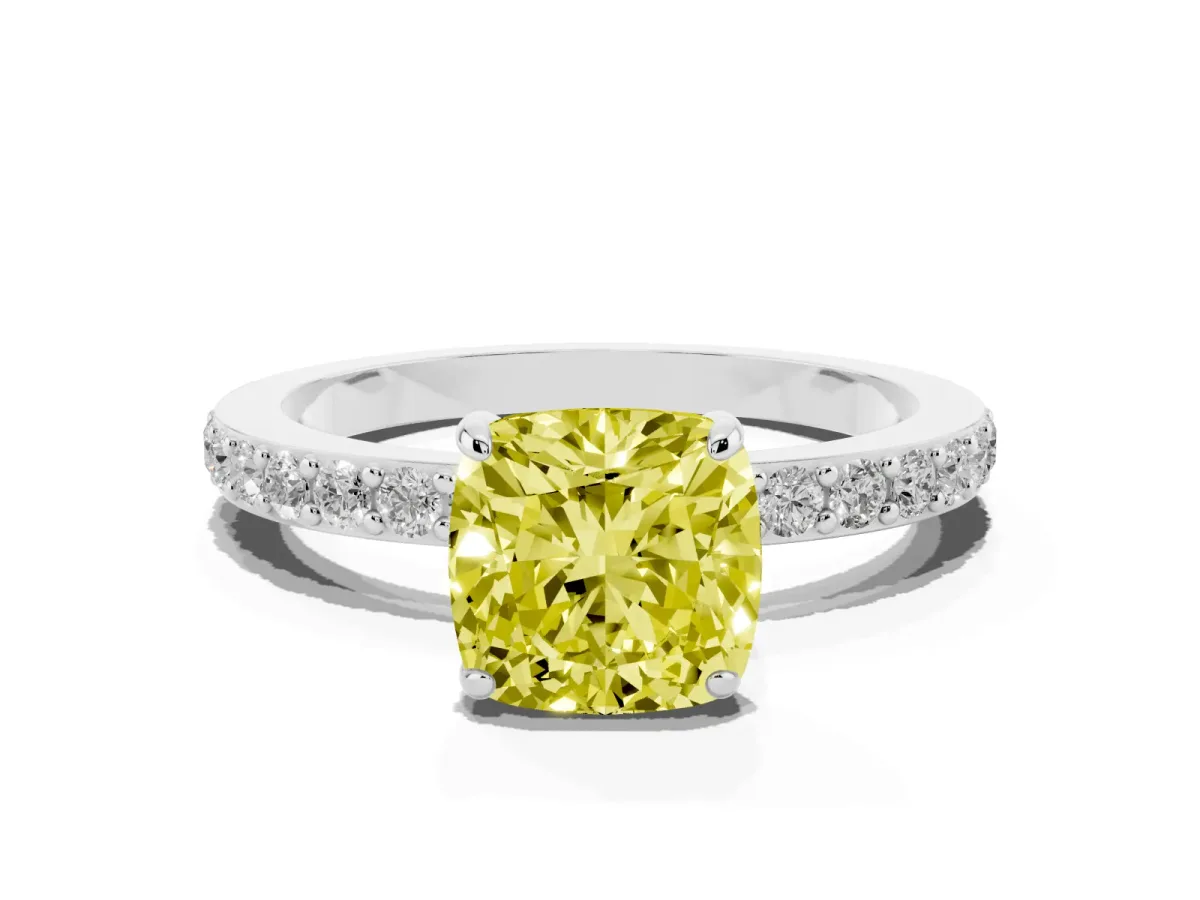 Fancy Yellow Cushion Cut Diamond Solitaire Engagement Ring with Pavé Band and Four-Prong Setting White gold