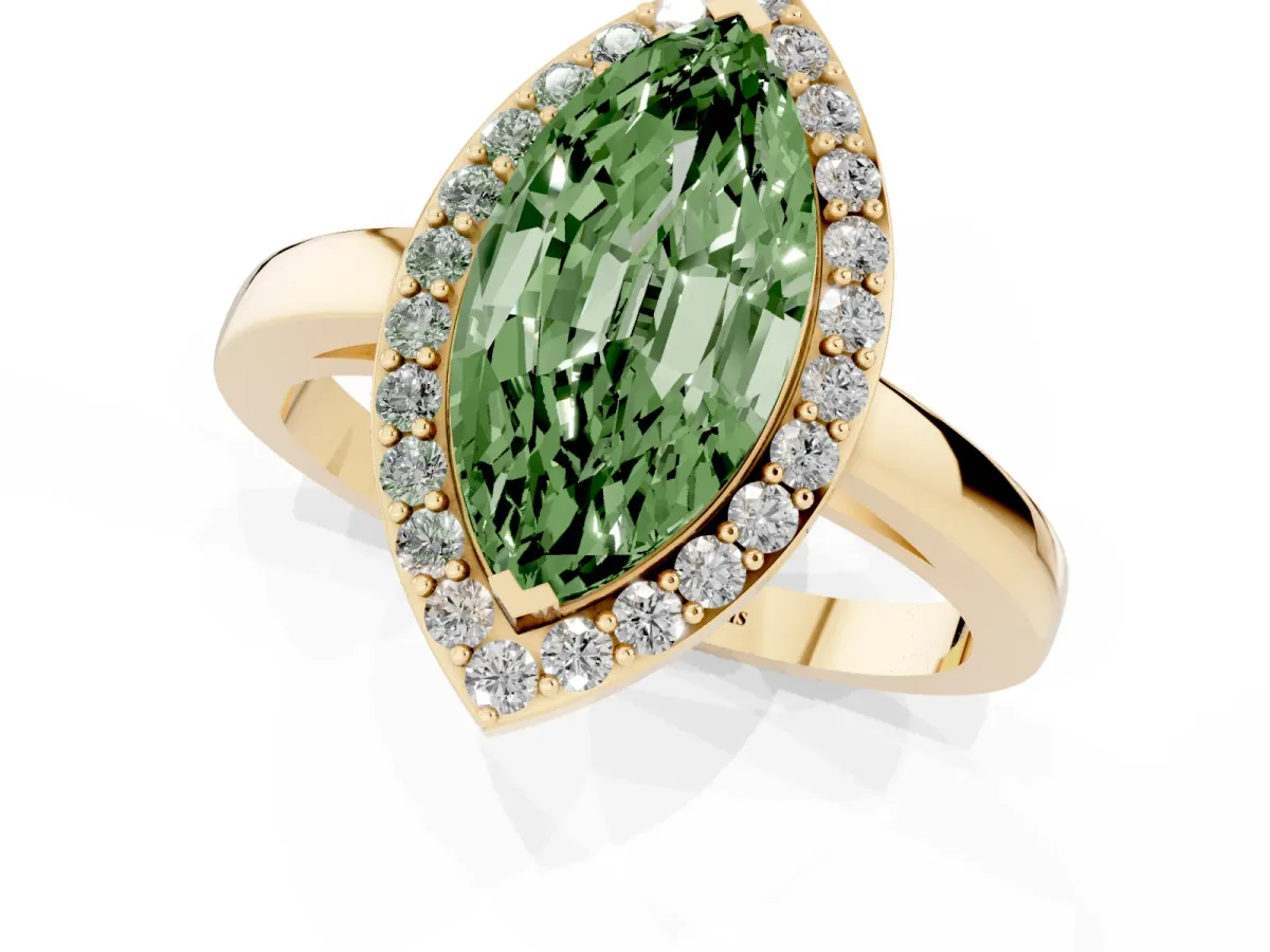 Fancy Green Marquise Cut Halo Diamond Ring with Solitaire Band and Prong Setting Yellow gold