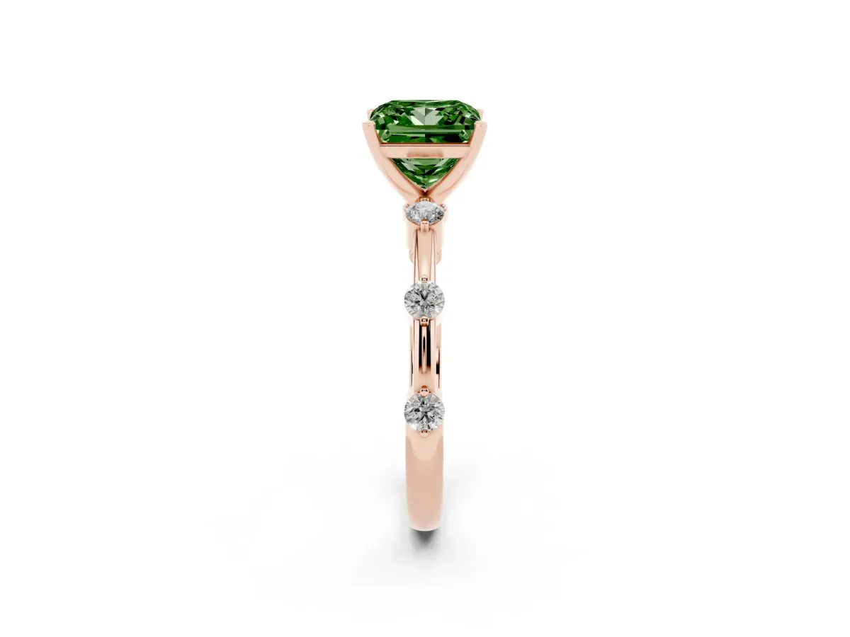 Fancy Green Princess Cut Solitaire Diamond Ring with Bezel Set Side Stones and Prong Setting Rose gold