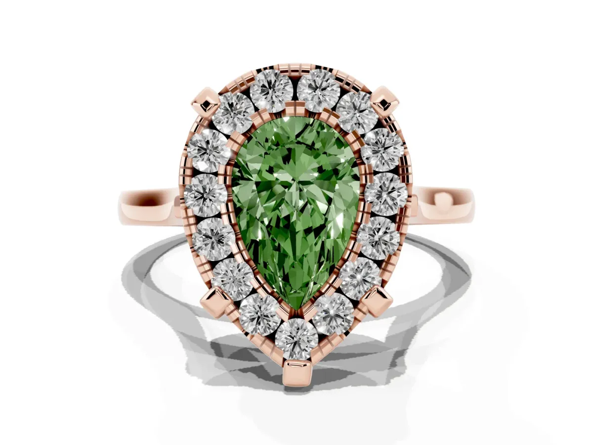 Fancy Green Pear Cut Diamond Cluster Halo Solitaire with Four-Prong Setting Rose gold
