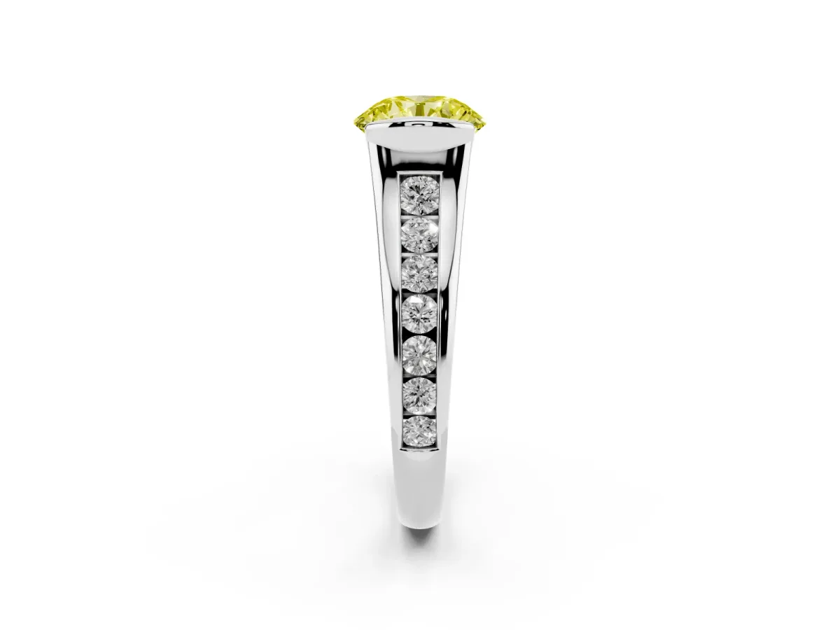 Fancy Yellow Round Cut Solitaire Bezel-Set Diamond Ring with Channel-Set Band Silver