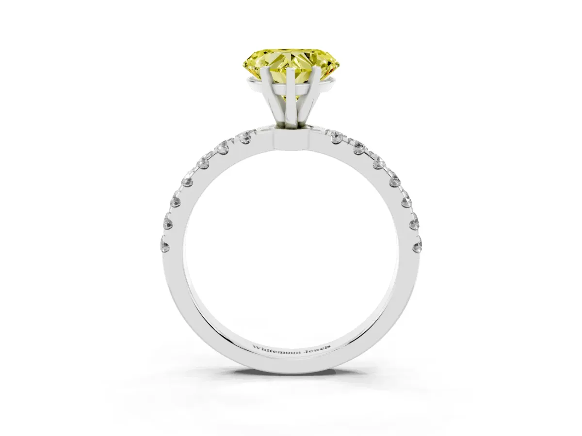 Fancy Yellow Heart Cut Diamond Solitaire Ring with Pavé Accents and Four-Prong Setting Platinum