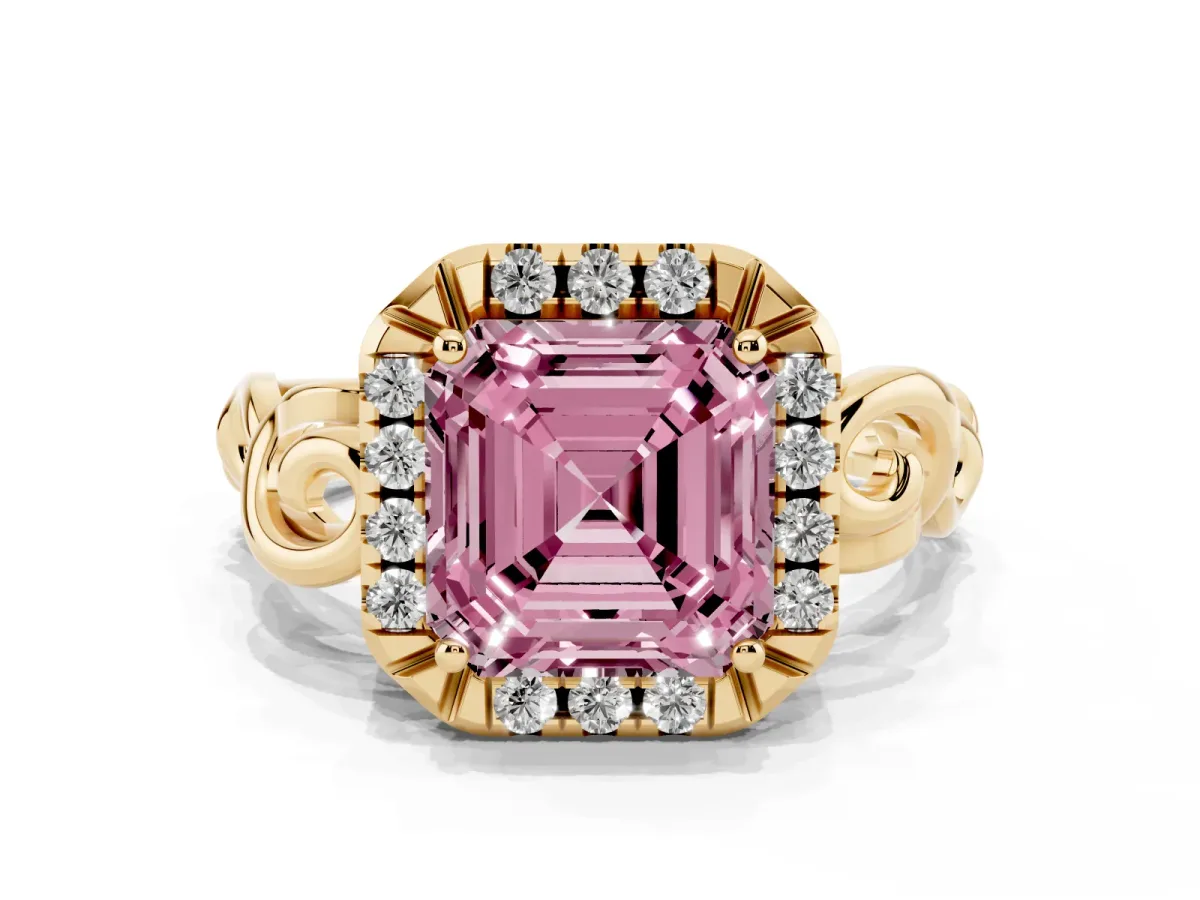 Fancy Pink Asscher Cut Cut Halo Diamond Ring with Scrollwork Band and Four-Prong Setting Yellow gold