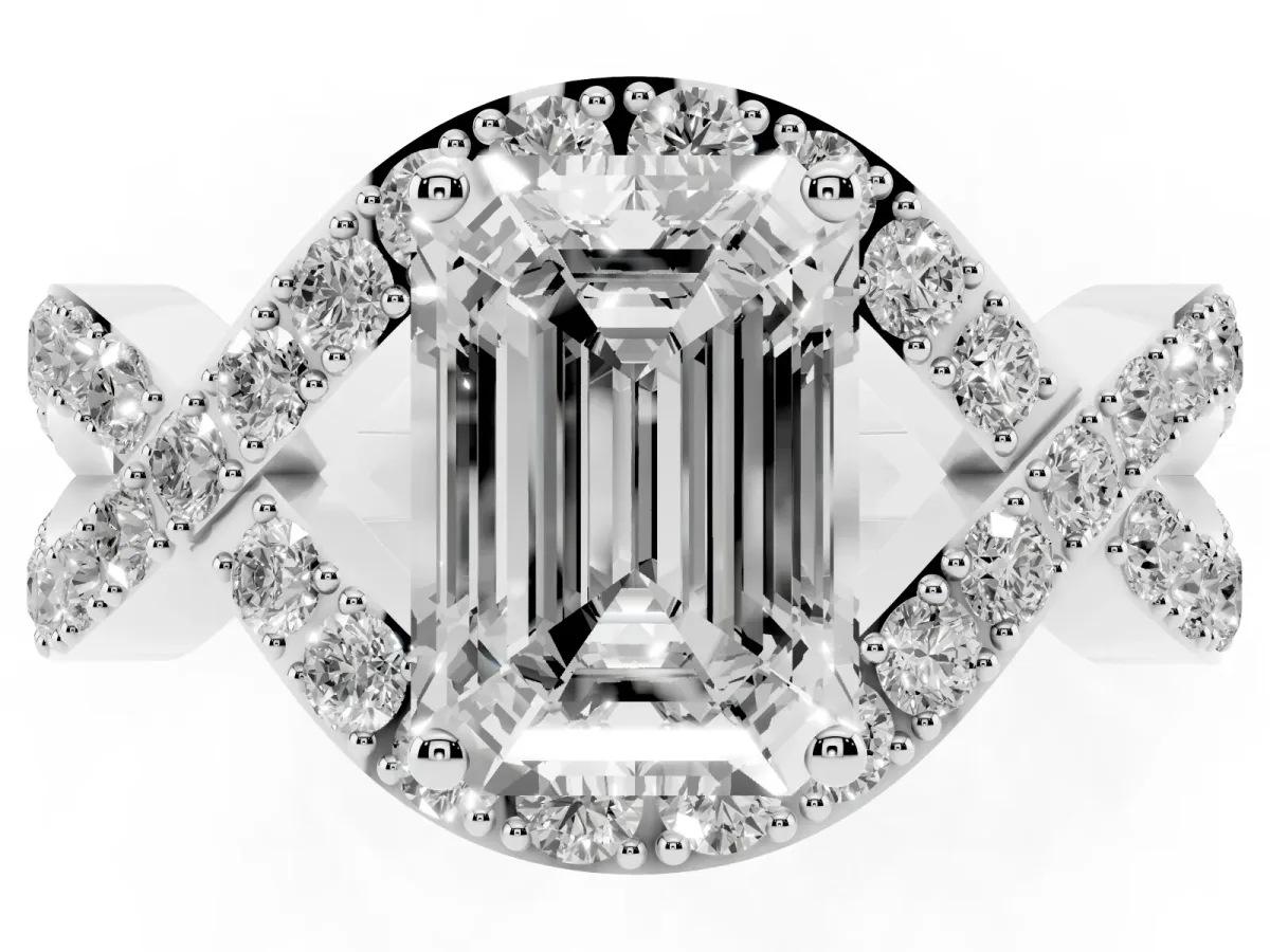 Emerald Cut Solitaire Twist Band Pavé Diamond Engagement Ring Silver