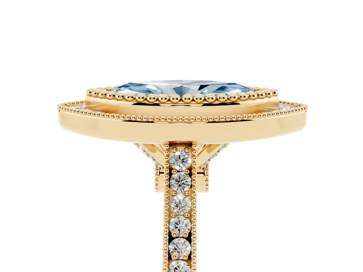 Fancy Blue Marquise Cut Diamond Halo Ring with Milgrain Frame and Pavé Band Yellow gold
