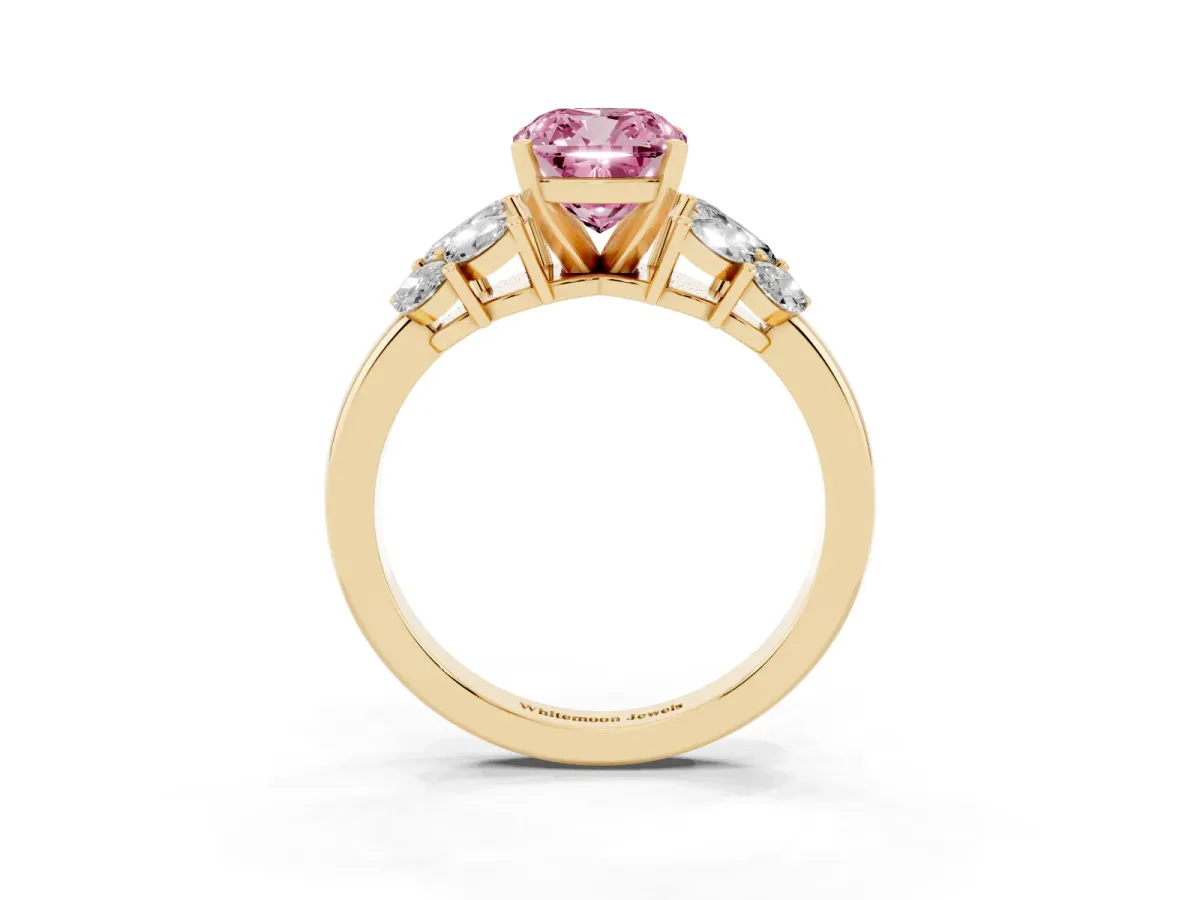 Fancy Pink Cushion Cut Diamond Cluster Leaf Design Ring with Prong Setting Yellow gold