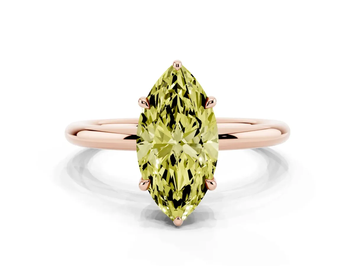Fancy Yellow Marquise Cut Diamond Solitaire Ring with Thin Band and Four-Prong Setting Rose gold