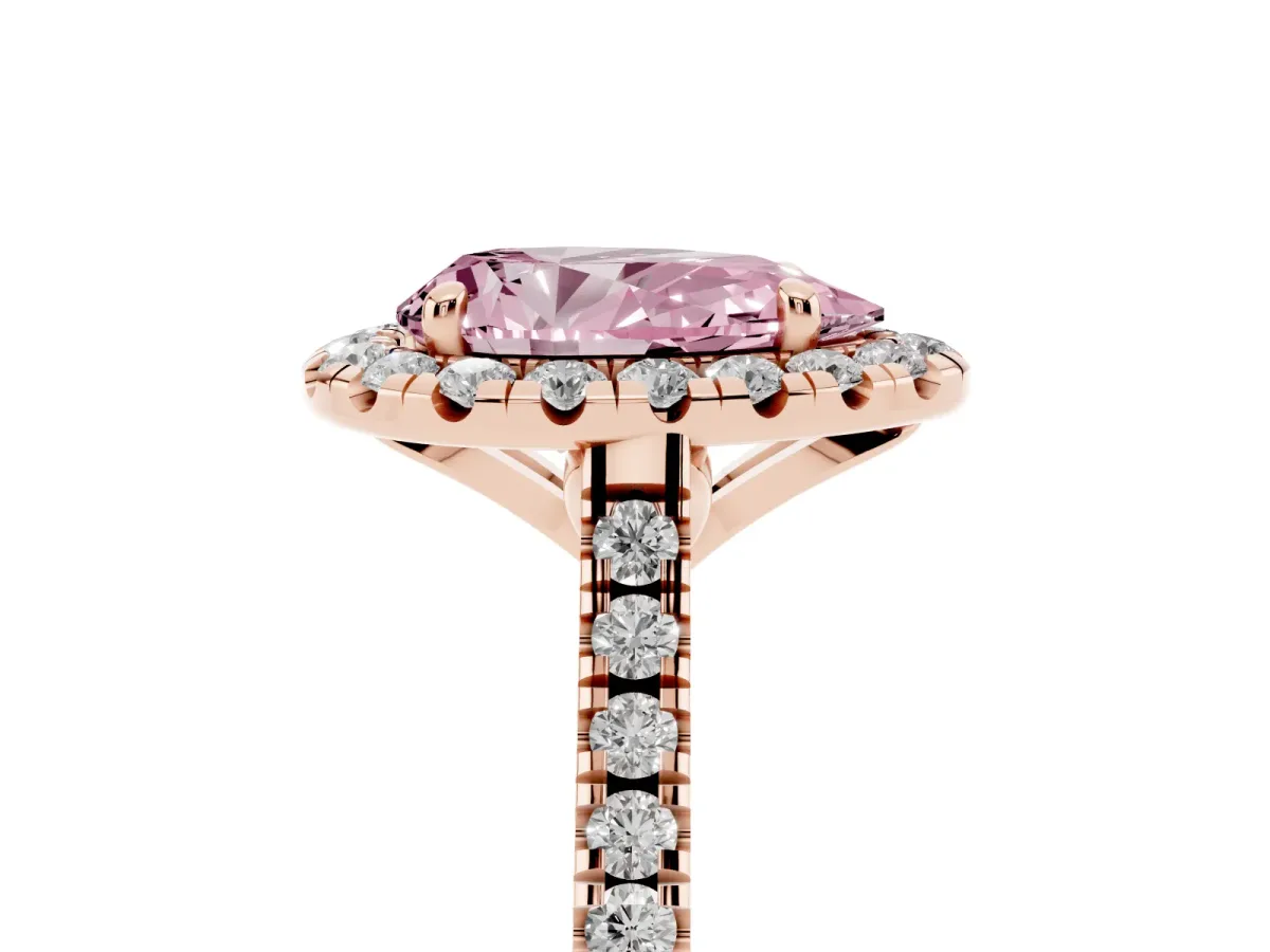Fancy Pink Pear Cut Diamond Cushion Halo Ring with Pavé Band Rose gold