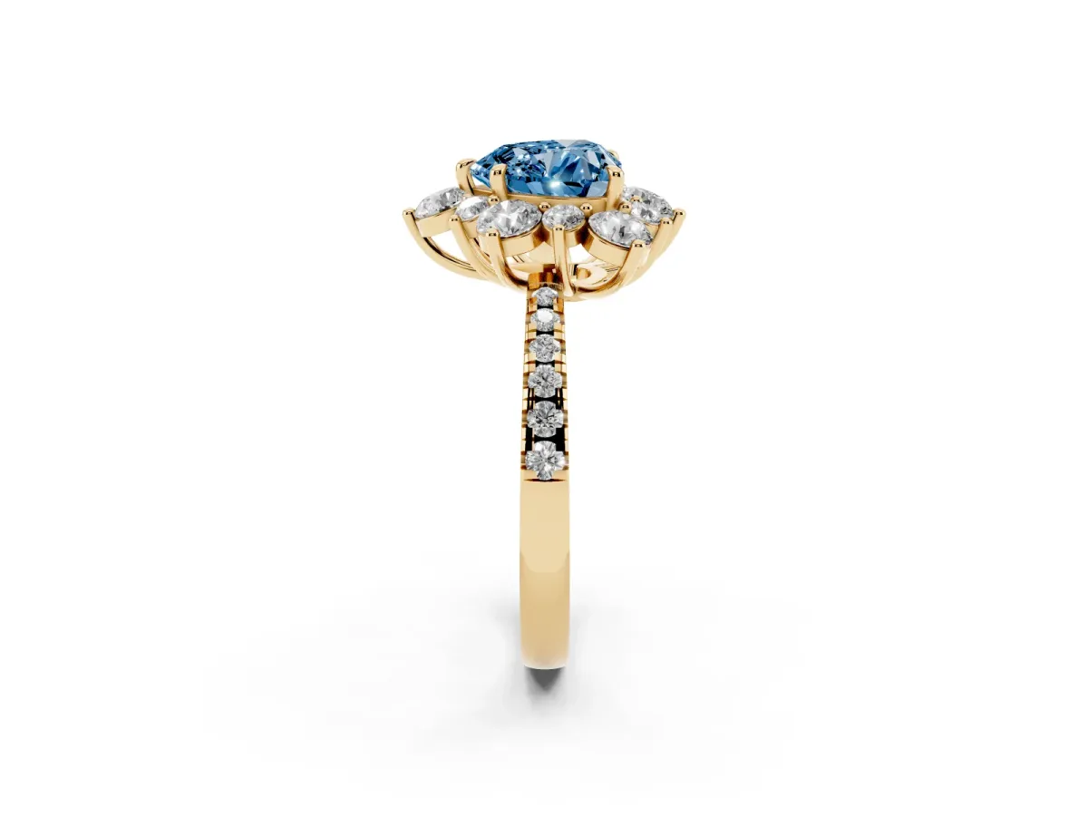 Fancy Blue Heart Cut Diamond Floral Halo Ring with Round Pavé Band and Prong Setting Yellow gold