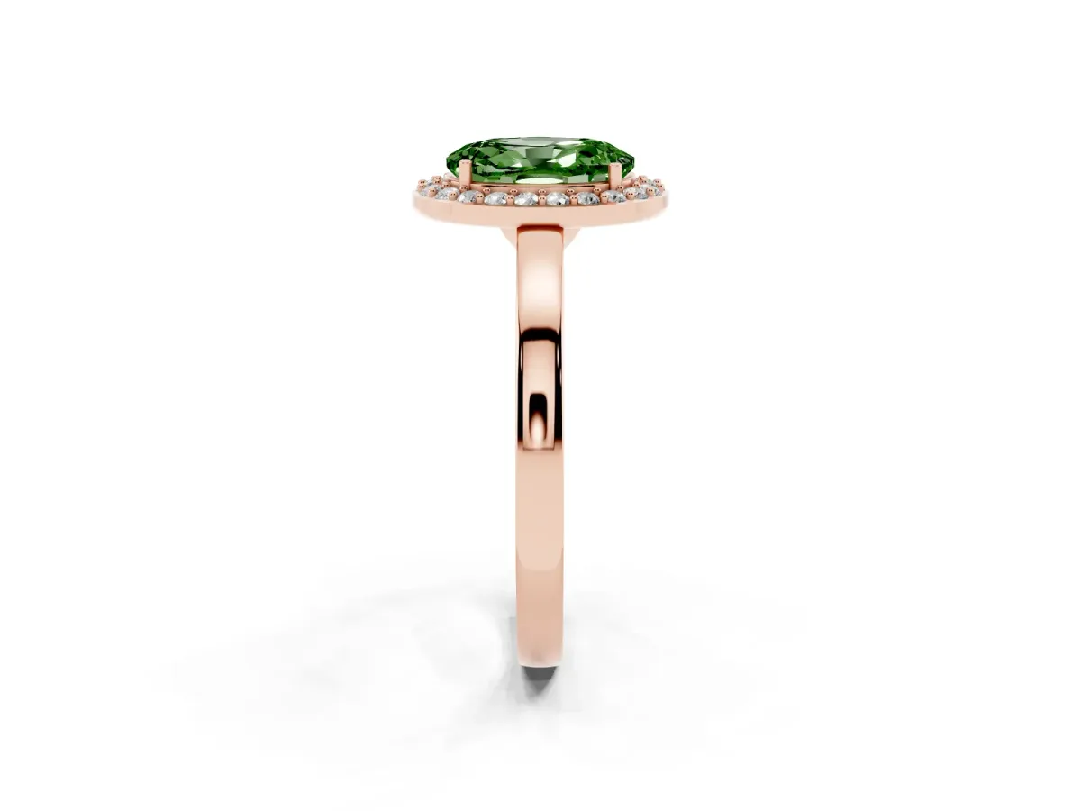 Fancy Green Oval Cut Halo Diamond Ring with Solitaire Band and Prong Setting Rose gold