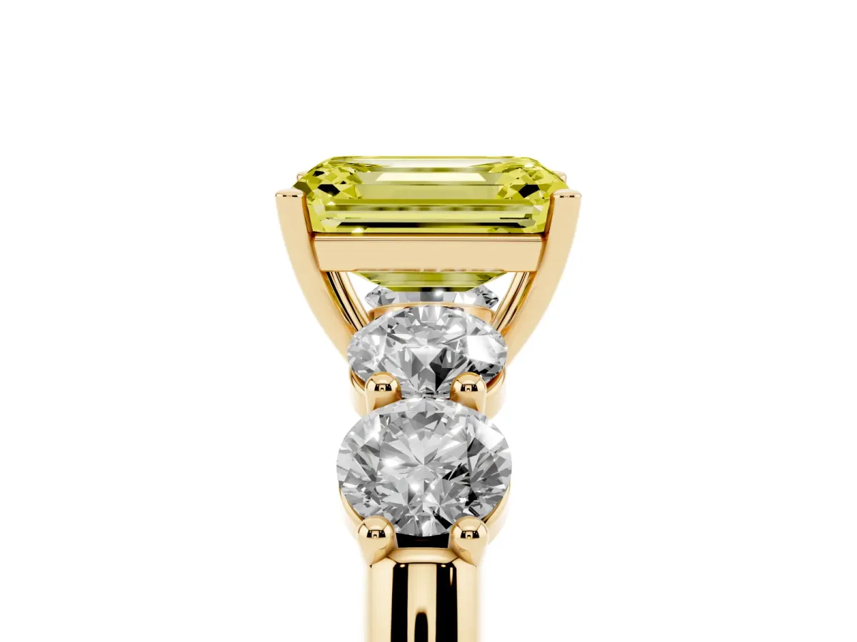 Fancy Yellow Emerald Cut Cut Five-Stone Prong Set Diamond Ring with Classic Band Yellow gold