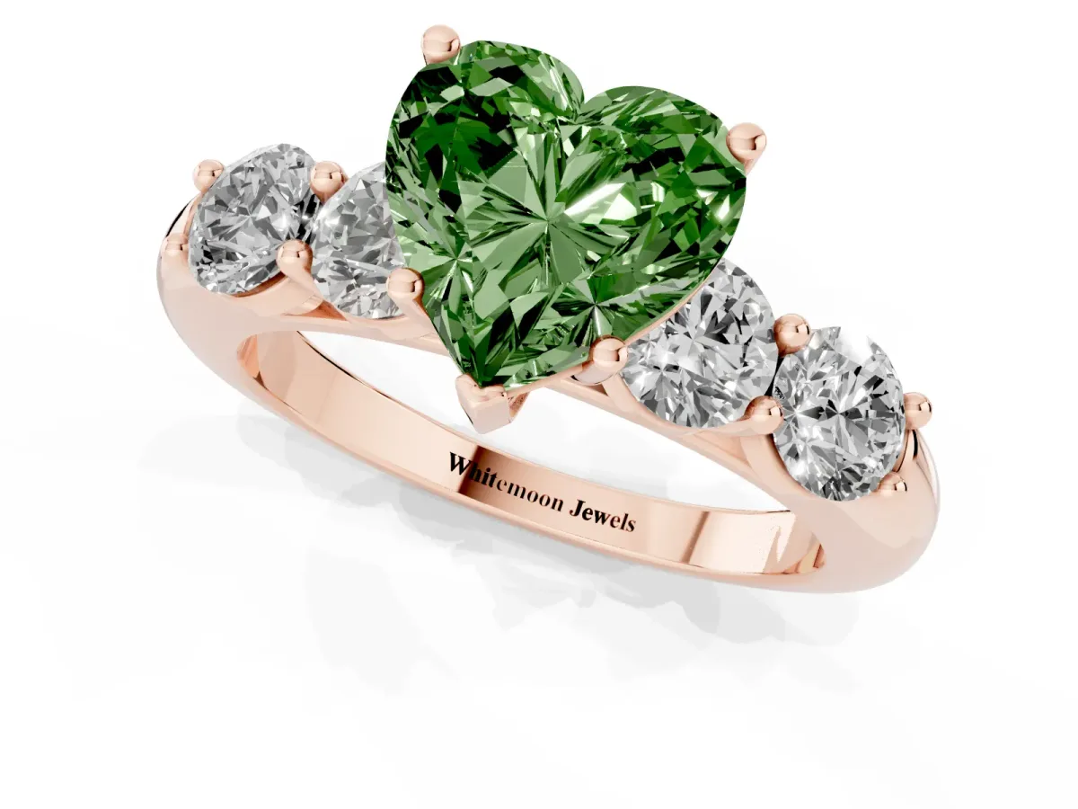 Fancy Green Heart Cut Cut Five-Stone Prong Set Diamond Ring with Classic Band Rose gold
