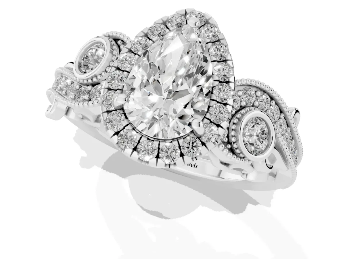 Pear Cut Diamond Halo Ring with Milgrain Pavé Band and Four-Prong Setting Silver