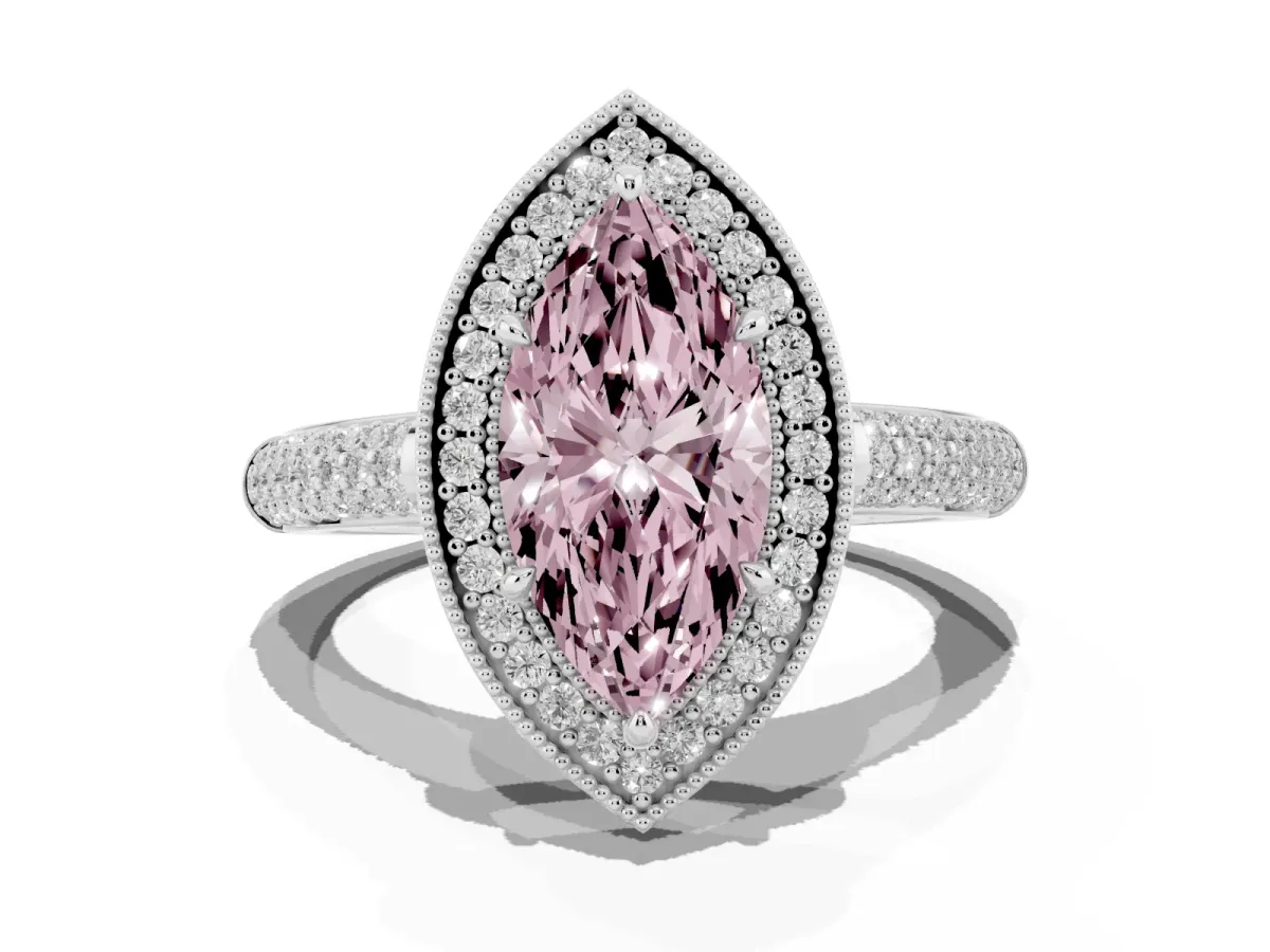 Fancy Pink Marquise Cut Cut Halo Diamond Pave Band with Four-Prong Setting Silver