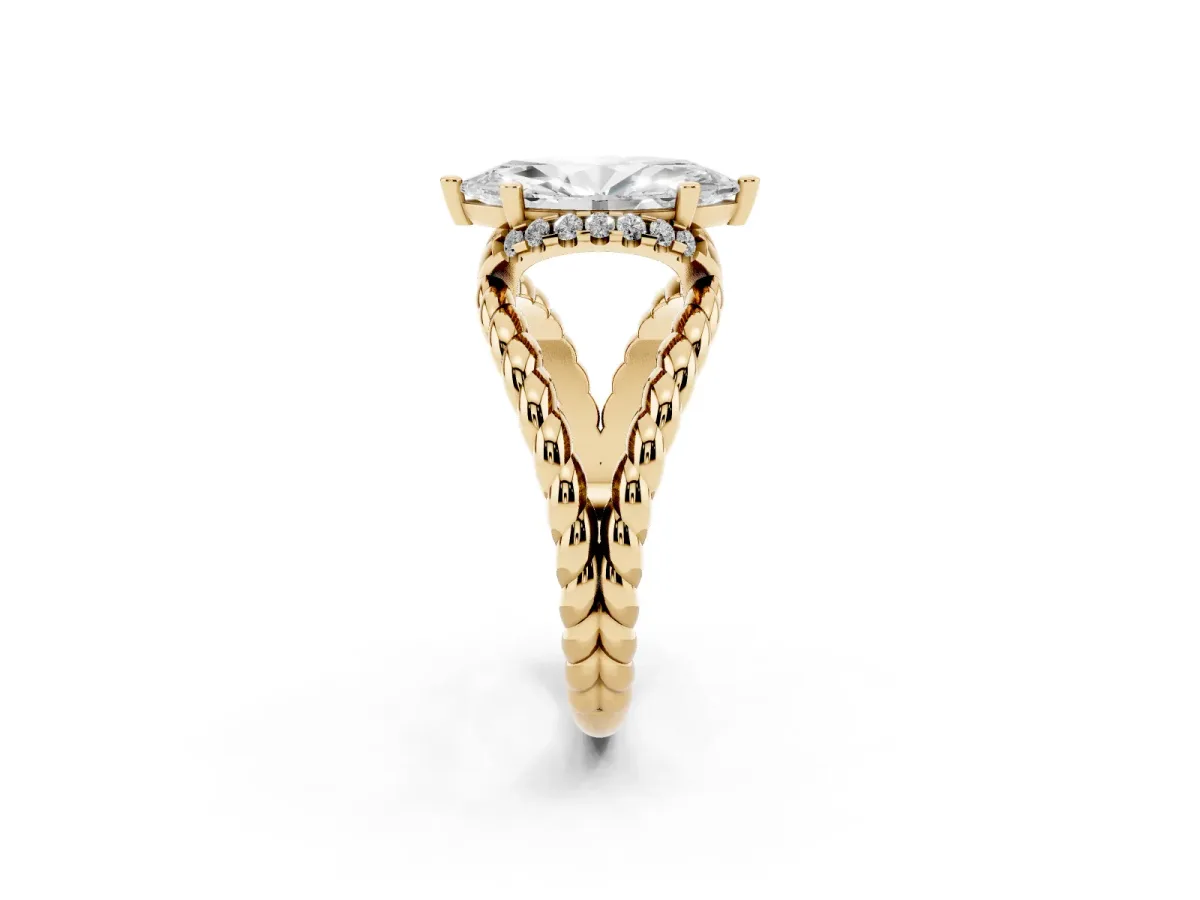 Marquise Cut Halo Twisted Band Four-Prong Ring Yellow gold