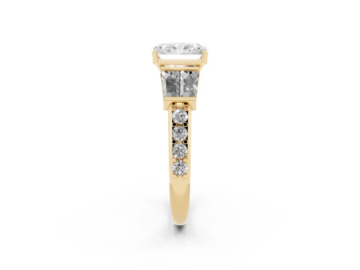 Radiant Cut Diamond Engagement Ring with Baguette Side Stones and Channel Set Band Yellow gold
