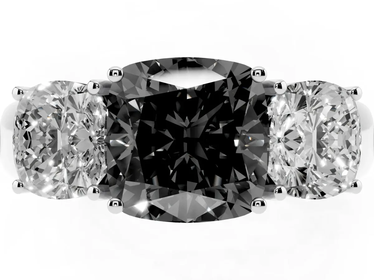 Fancy Black Three-Stone Cushion Cut Cut Diamond Ring with Prong Setting and Classic Band Platinum