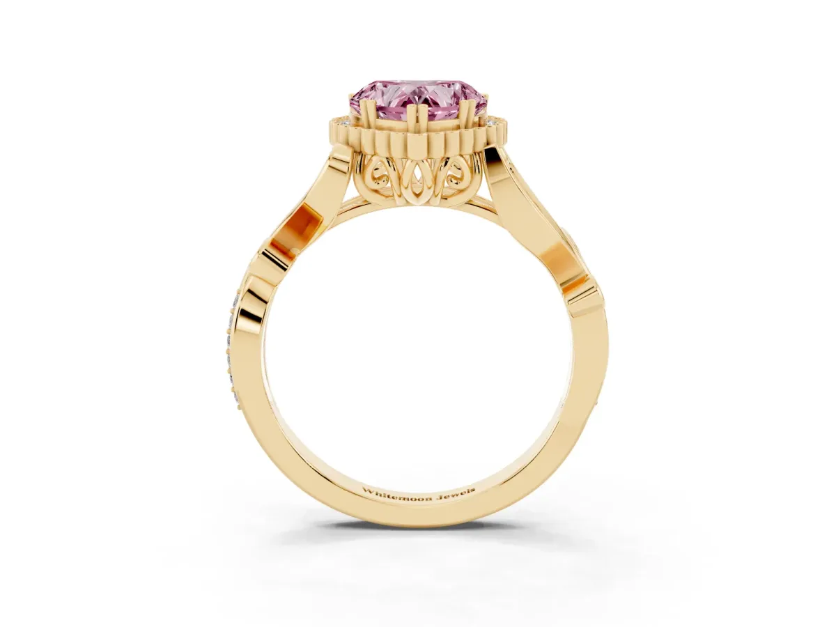 Fancy Pink Heart Cut Diamond Halo Ring with Vintage Split Shank and Four-Prong Setting Yellow gold