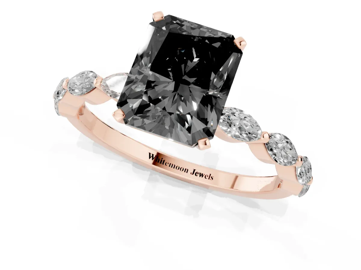 Fancy Black Radiant Cut Diamond Ring with Marquise Side Stones and Prong Setting Rose gold