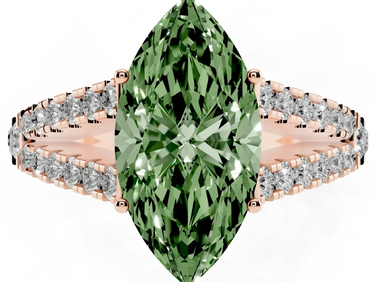 Fancy Green Marquise Cut Diamond Split Shank Engagement Ring with Round Pavé and Prong Setting Rose gold