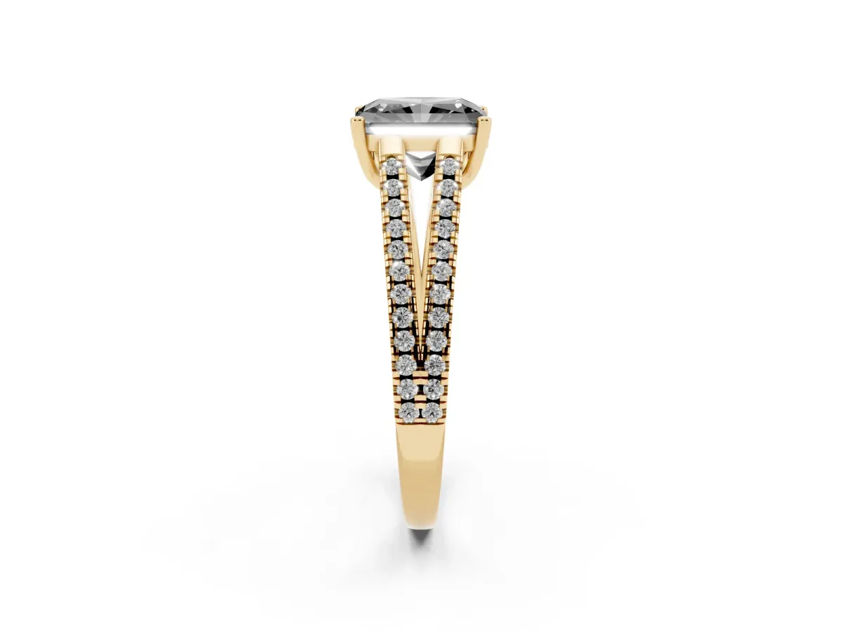Fancy Black Radiant Cut Diamond Solitaire Engagement Ring with Split Shank Pavé Band Yellow gold