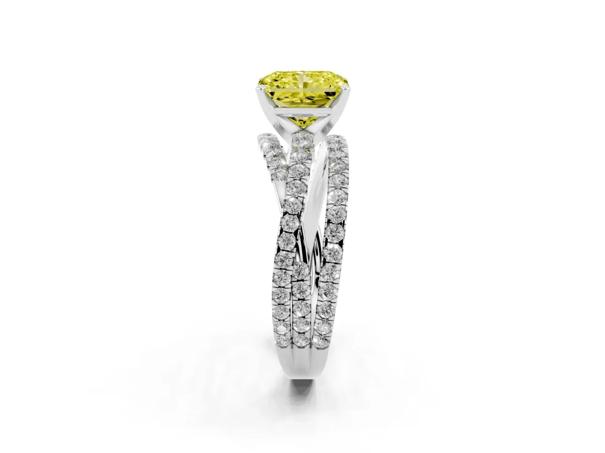 Fancy Yellow Radiant Cut Solitaire Twist Band with Pavé Setting and Four-Prong Setting Silver