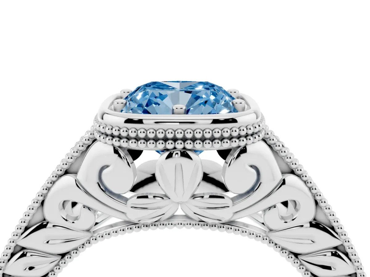 Fancy Blue Bezel Set Cushion Cut Diamond Milgrain Pave Engagement Ring Silver