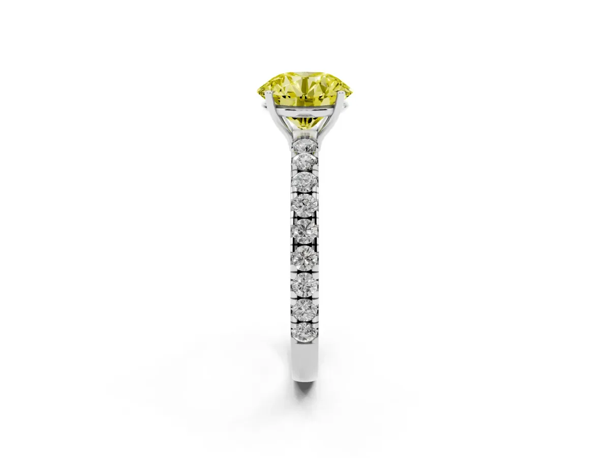 Fancy Yellow Round Cut Diamond Pavé Solitaire Engagement Ring with Four-Prong Setting Platinum