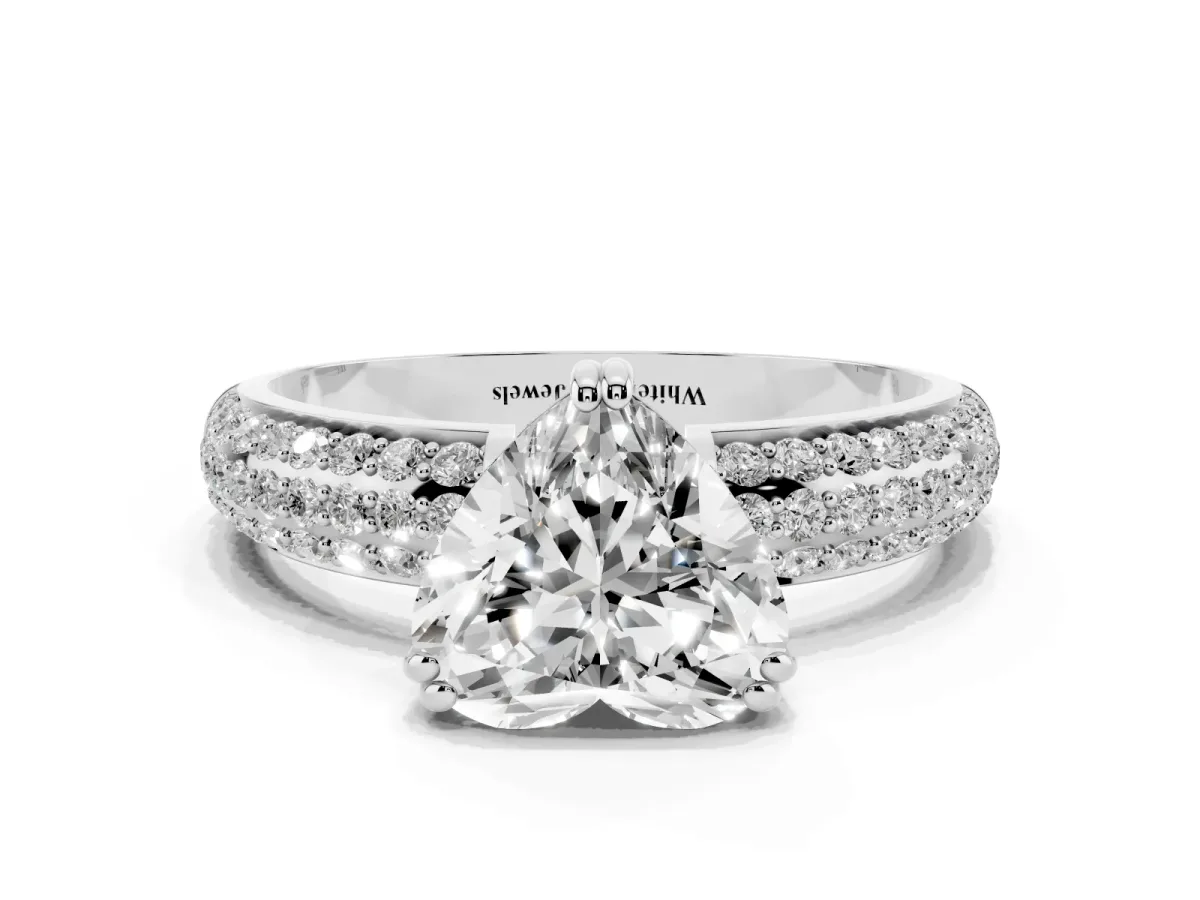 Heart Cut Diamond Solitaire Ring with Multi-Row Round Pavé Band and Prong Setting Silver
